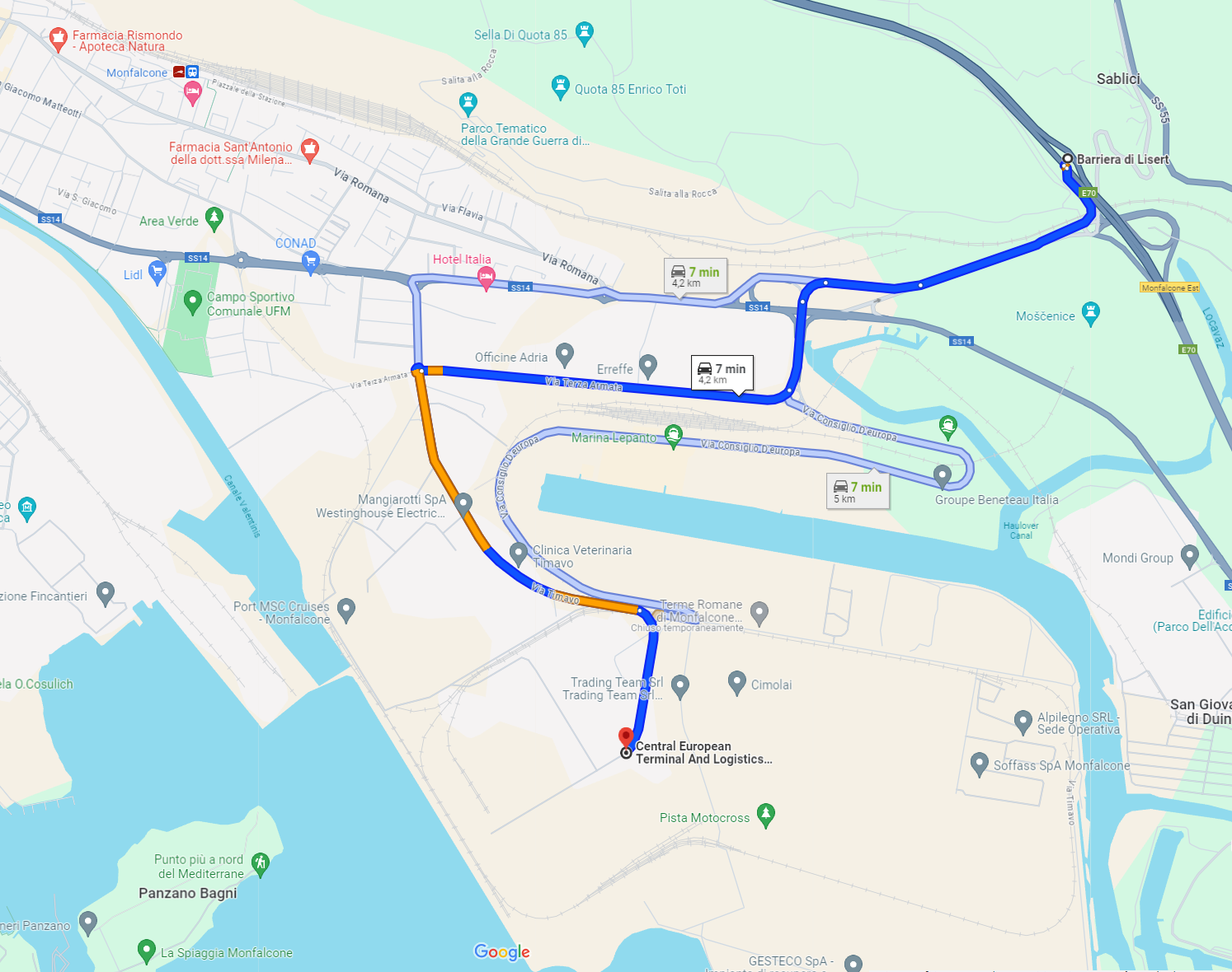 map with direction from Highway A4 How to reach us - Highway A4 - Monfalcone Est exit