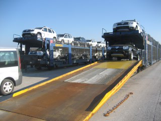 Rail tracks view - ramp for vehicles discharge from waggons